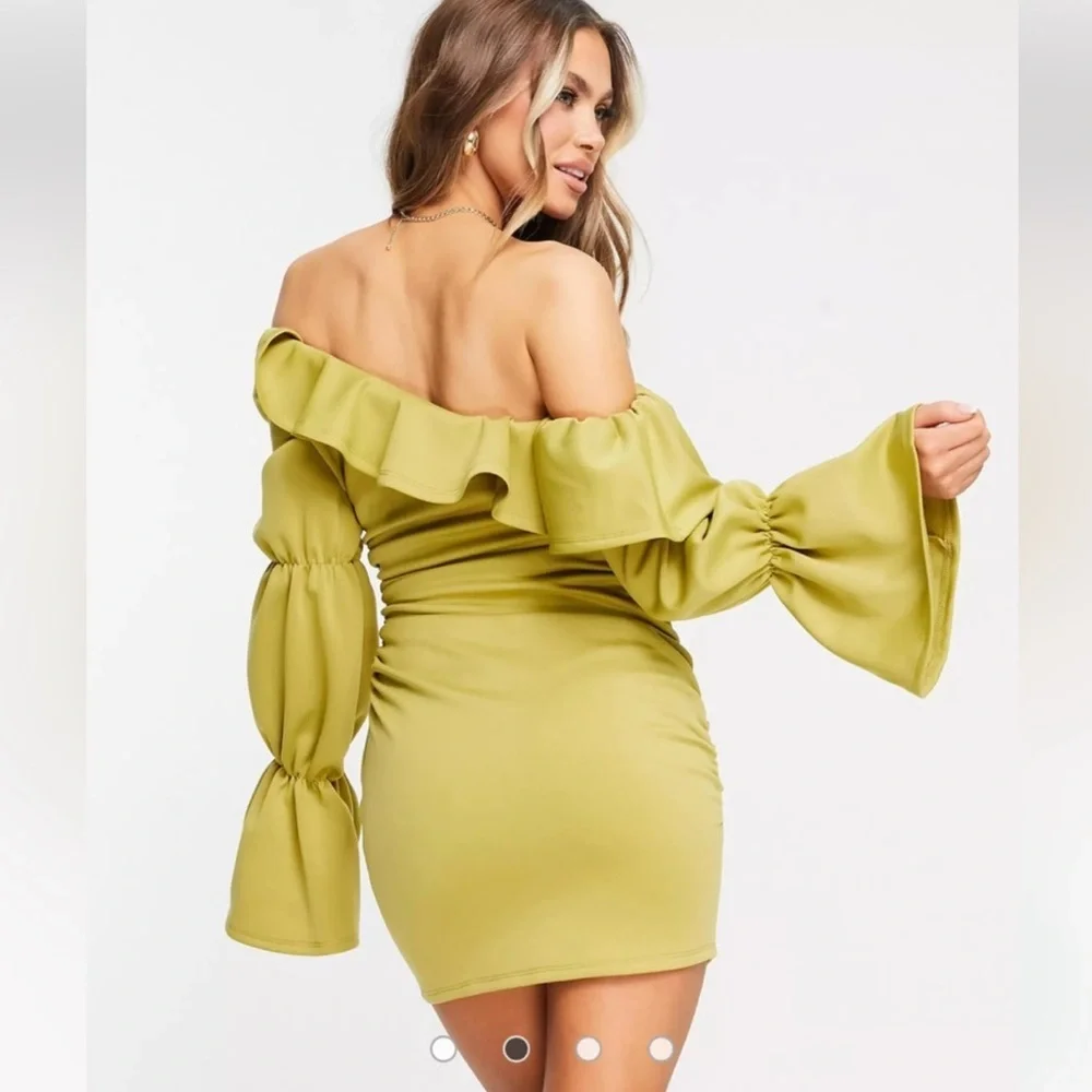 ASOS Chartreuse Ruffle Ruched Dress - Picture 2 of 8
